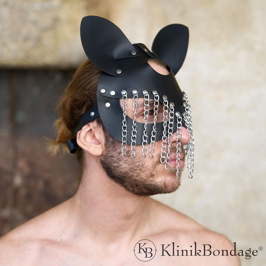 BDSM Maske mit Ketten aus Echtleder für Rollenspiele und Fetisch Partys