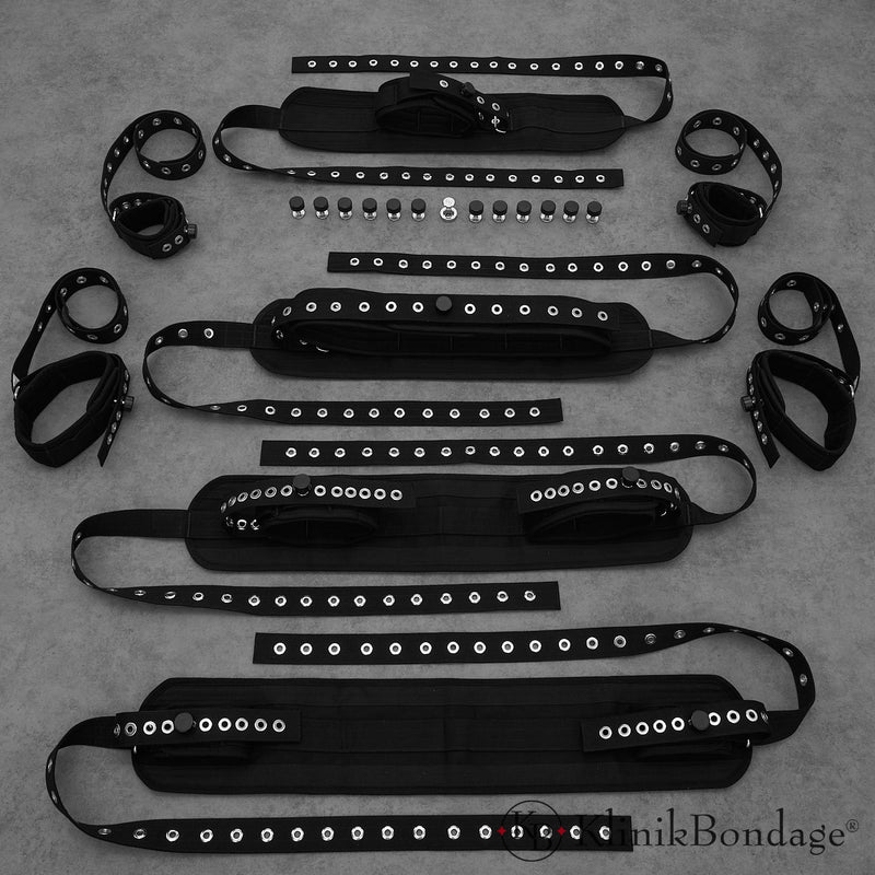 Großes Bondage Set in Schwarz aus Baumwolle – inklusive Arm-, Bein-, Hand-, Hals- und Taillenfessel mit Magnetschlössern für intensive BDSM-Momente