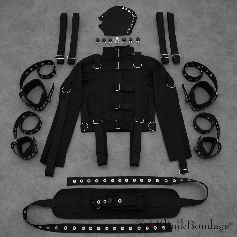 Schwarzes Zwangsjacke BDSM Set mit Fixiergurt, Masken und Fesseln für intensive Fesselspiele, maximale Einschränkung und dominantes Bondage-Rollenspiel.