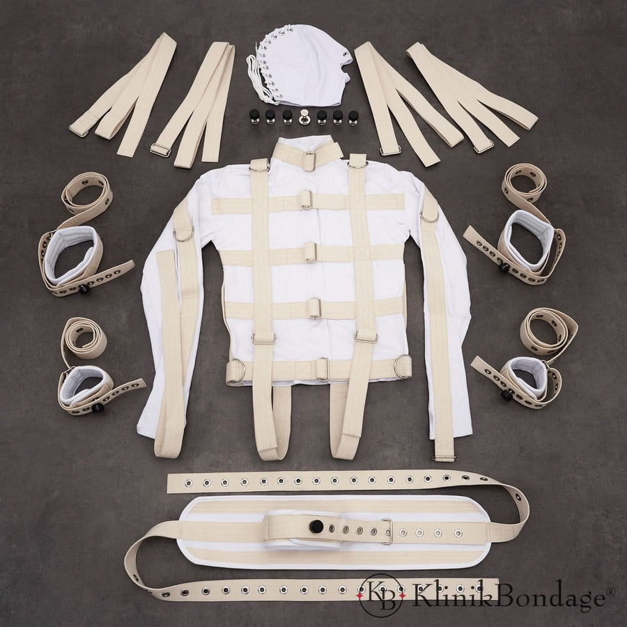 Weißes Zwangsjacke BDSM Set mit Fixiergurt, Masken und Fesseln für intensive Fesselspiele und maximale Bewegungseinschränkung im Bondage.